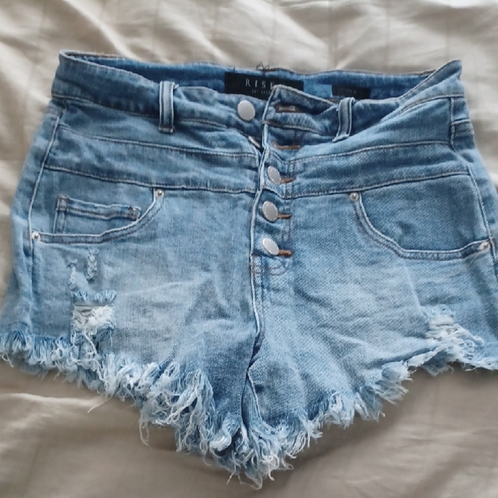 Trendy Blue Jean Shorts with Frayed Hem